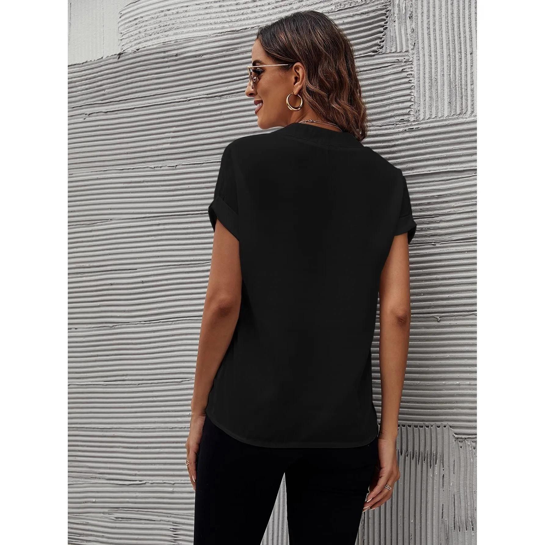 SHEIN Women's Notched V Neck T Shirts Roll Up Short Sleeve Summer Office Blouses Tops