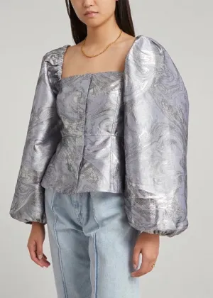 Shiny Jacquard Puff Sleeve Top (Sharkskin)