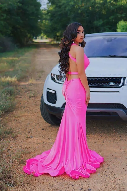 Simple Spaghetti Strap Pink Sleeveless Open Back Prom Dresses
