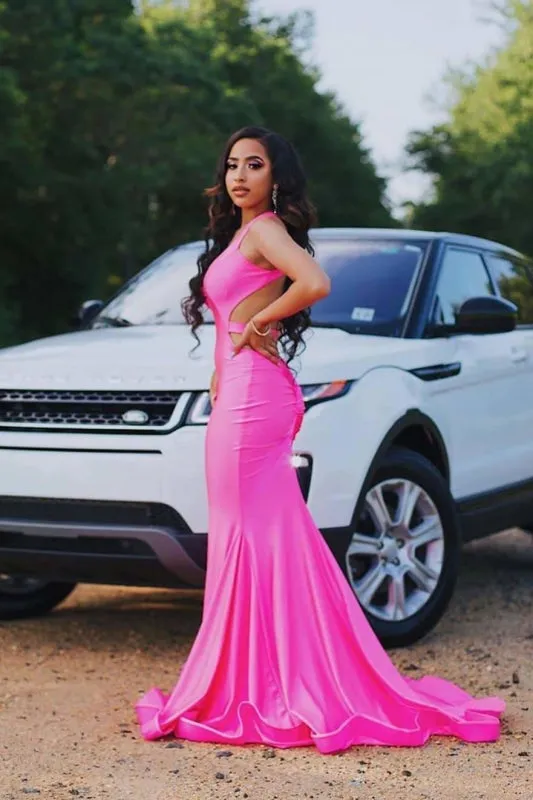 Simple Spaghetti Strap Pink Sleeveless Open Back Prom Dresses