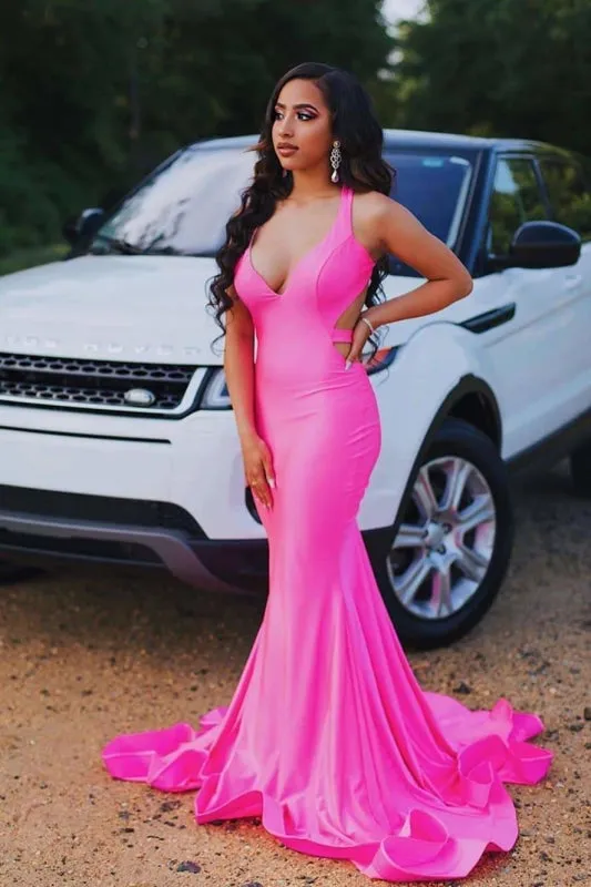 Simple Spaghetti Strap Pink Sleeveless Open Back Prom Dresses