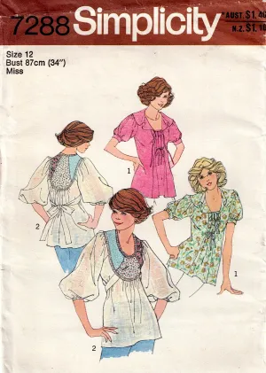 Simplicity 7288 Womens Boho Hippie Blouses 1970s Vintage Sewing Pattern Size 12 Bust 34 inches UNCUT Factory Folded