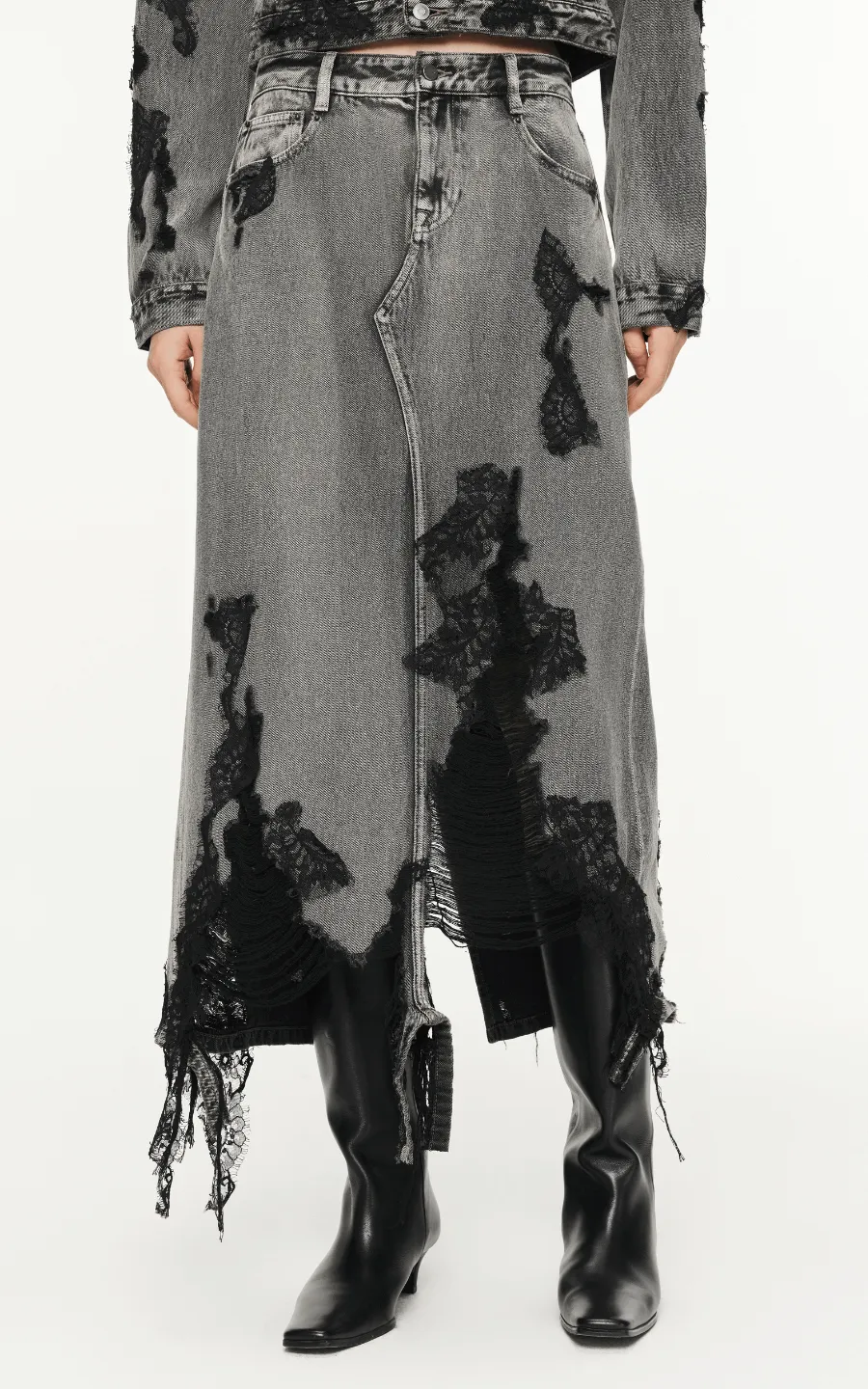 Skirt / JNBY Lace Patchwork Frayed Denim Long Skirt