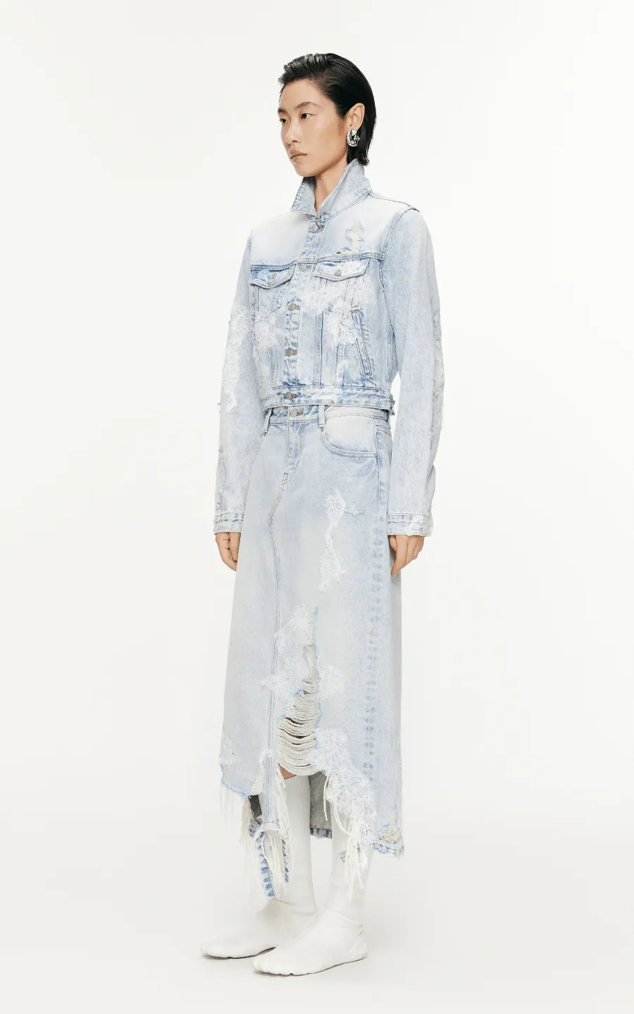 Skirt / JNBY Lace Patchwork Frayed Denim Long Skirt