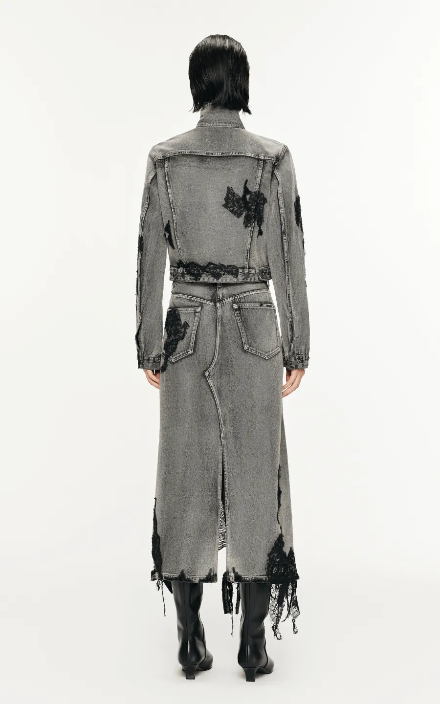 Skirt / JNBY Lace Patchwork Frayed Denim Long Skirt