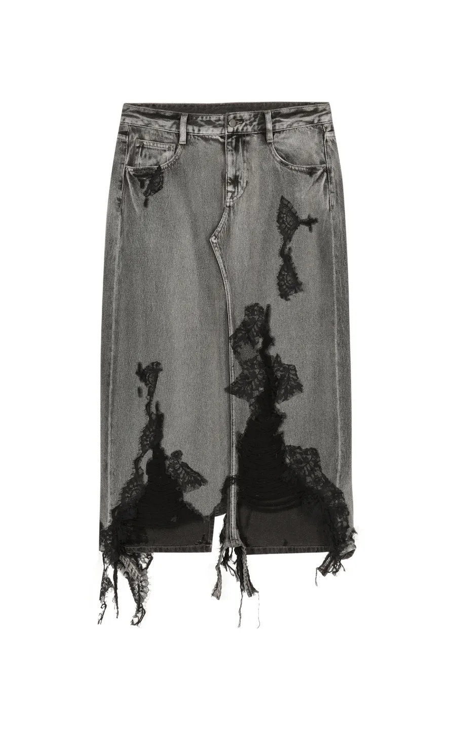 Skirt / JNBY Lace Patchwork Frayed Denim Long Skirt