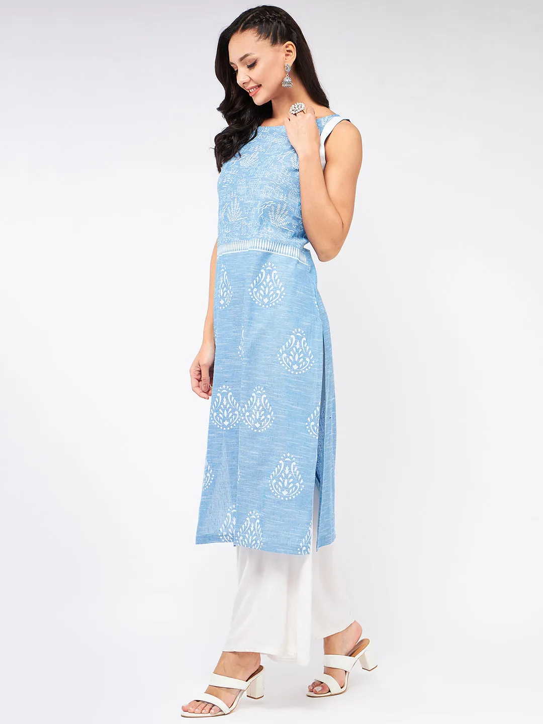 Sleeveless Printed Chambray Kurta