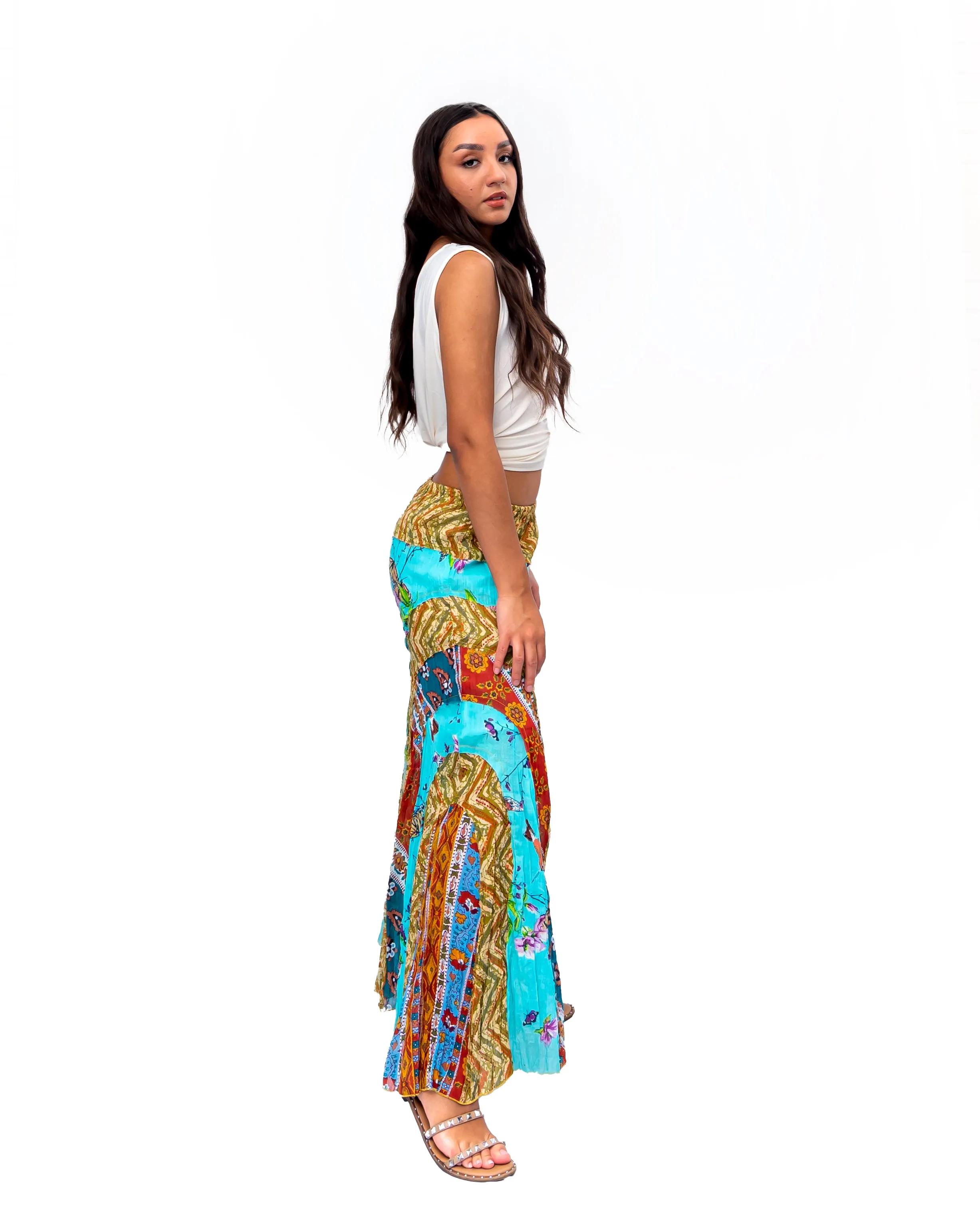 Solid Flared Multi Print Pant in Blue
