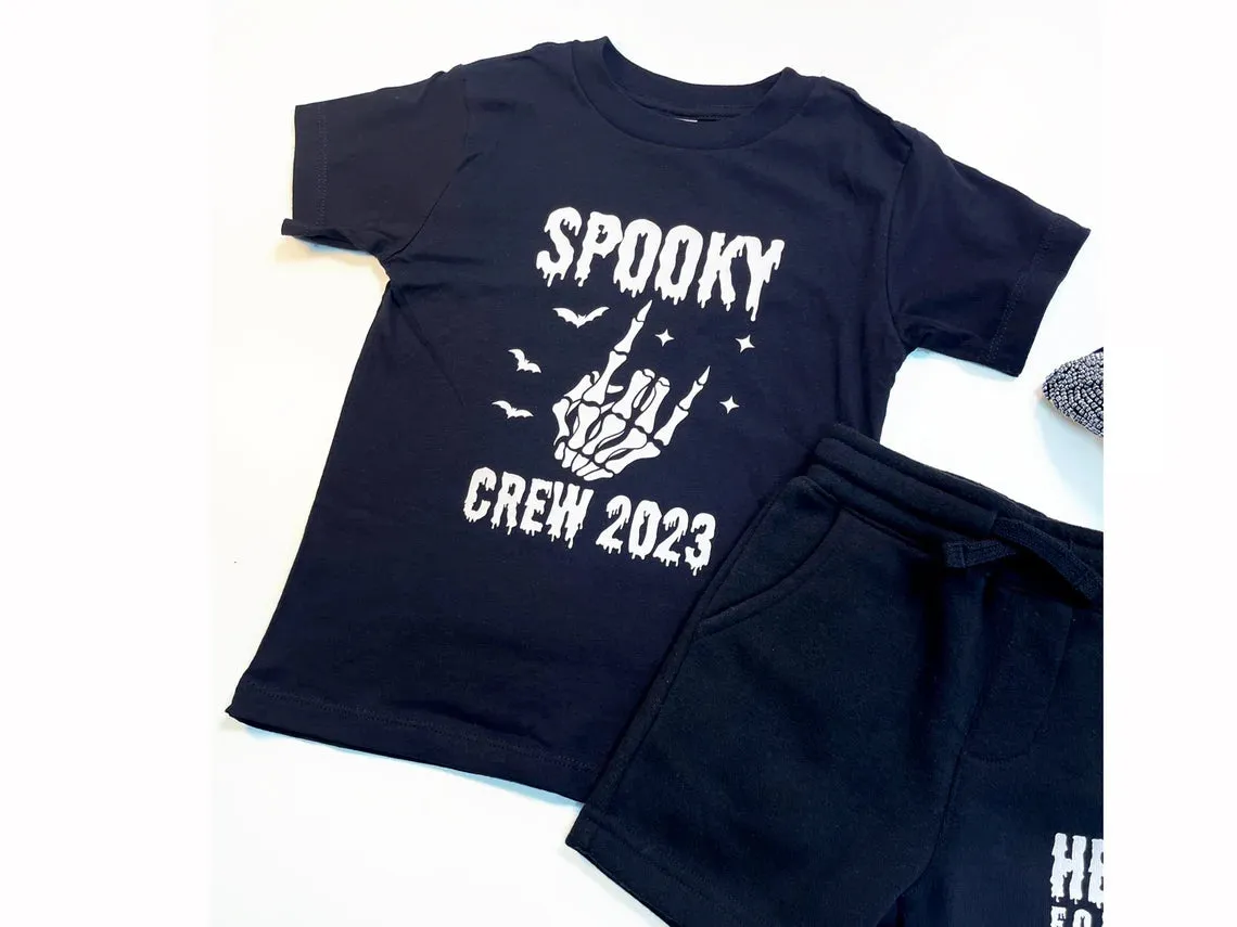 Spooky Crew 2023, Here for the candy- Cool Halloween Set of Shirt and Shorts for Boys. Toddler Boy Halloween Set. Brothers Matching clothes