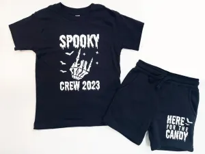 Spooky Crew 2023, Here for the candy- Cool Halloween Set of Shirt and Shorts for Boys. Toddler Boy Halloween Set. Brothers Matching clothes