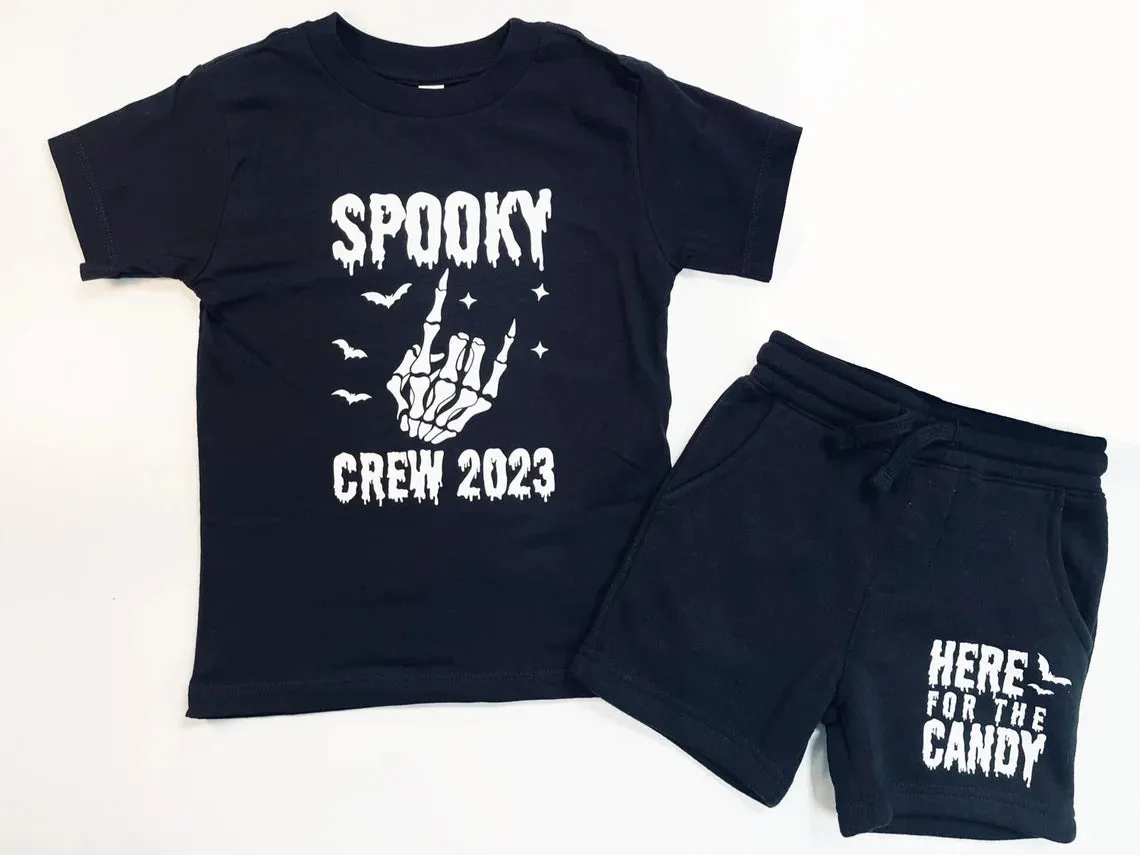 Spooky Crew 2023, Here for the candy- Cool Halloween Set of Shirt and Shorts for Boys. Toddler Boy Halloween Set. Brothers Matching clothes