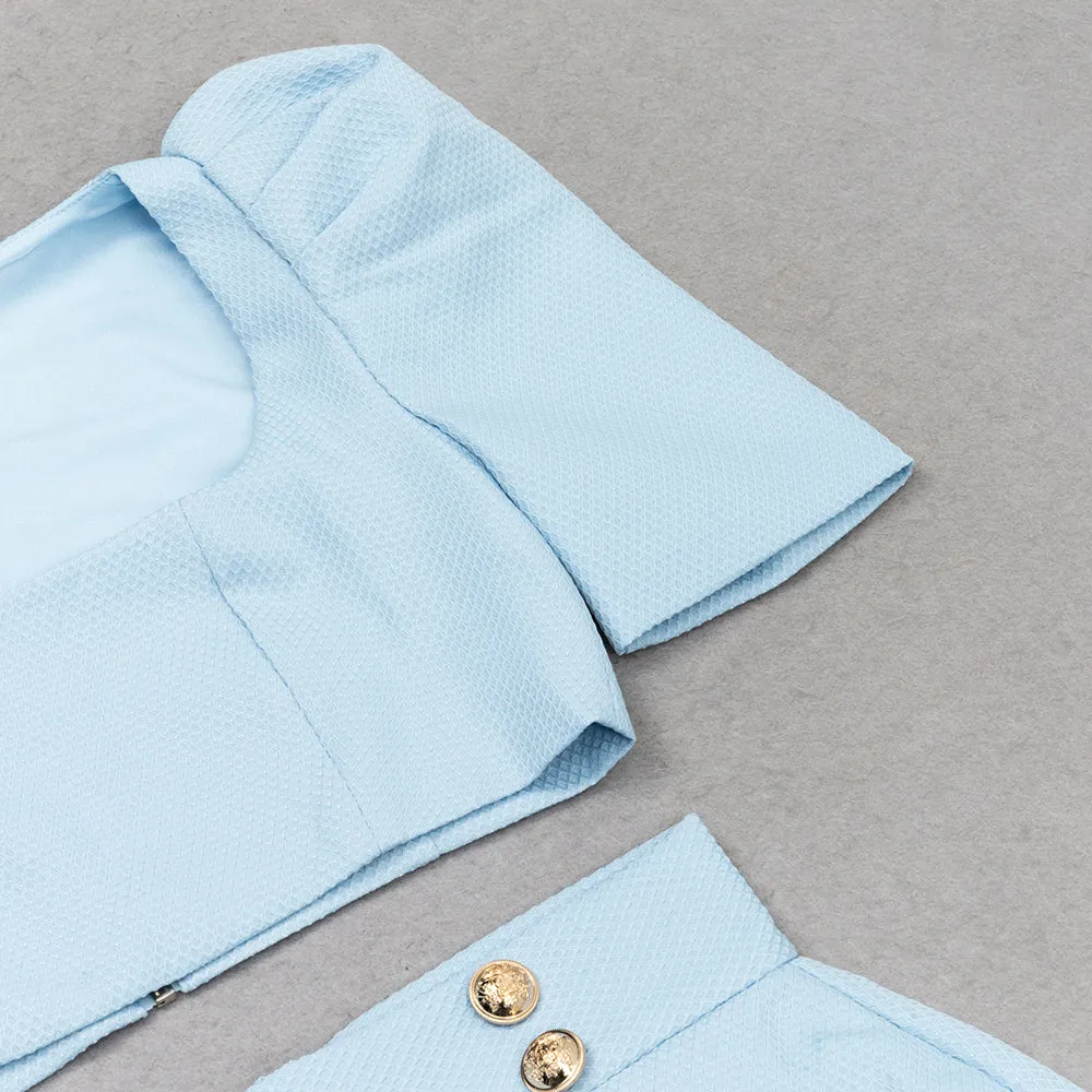 SQUARE NECK PUFF SLEEVE TOP WRAP HEM SKIRT SUIT