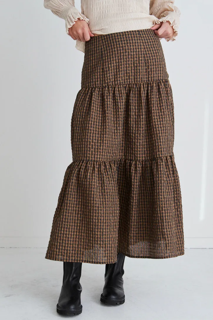 Stella Toffee Gingham Tiered Midi Skirt
