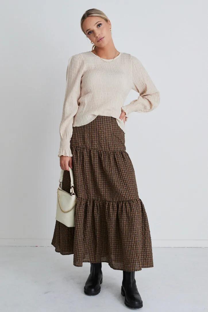 Stella Toffee Gingham Tiered Midi Skirt