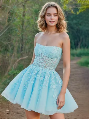 Strapless A Line Lace Appliques Homecoming Dresses