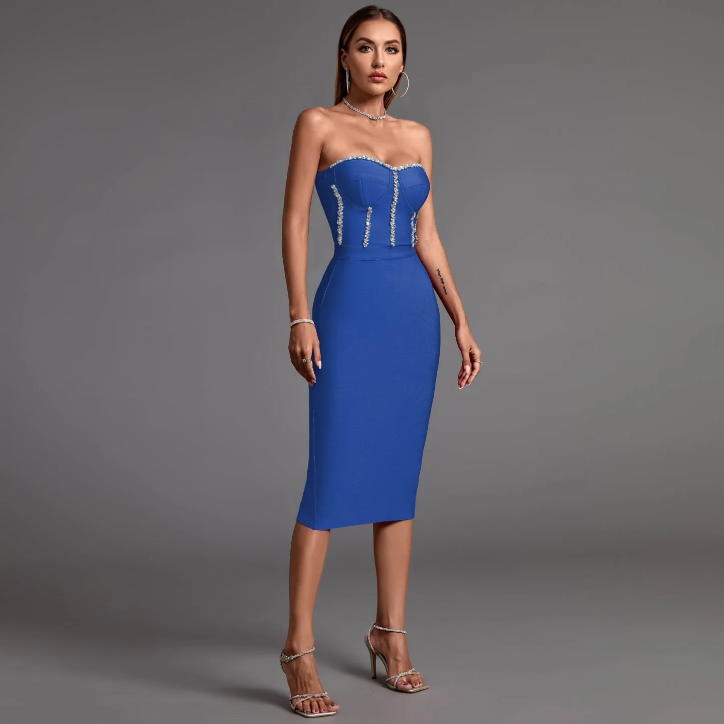 Strapless Drill Chain Midi Bandage Dress