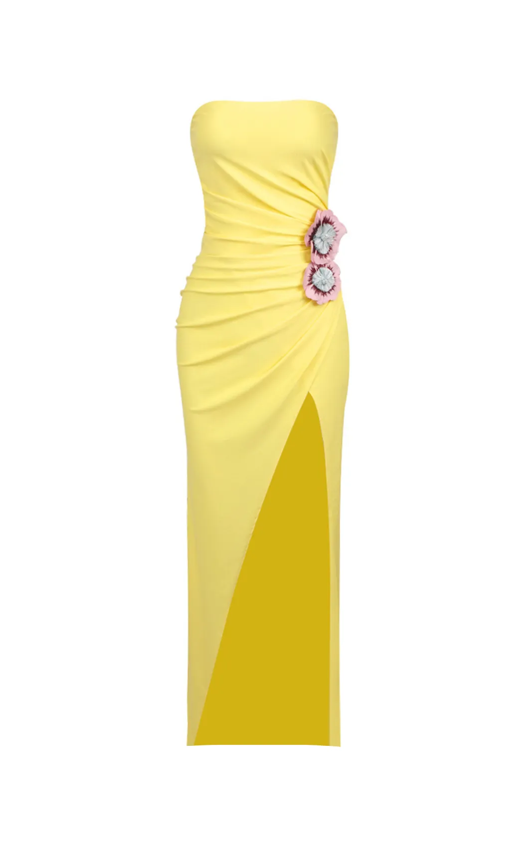 STRAPLESS FLOWER RUCHED MIDI DRESS IN YELLOW