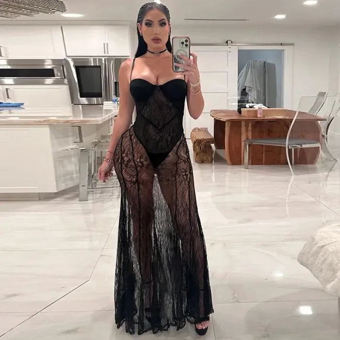 Strapless mesh long dress