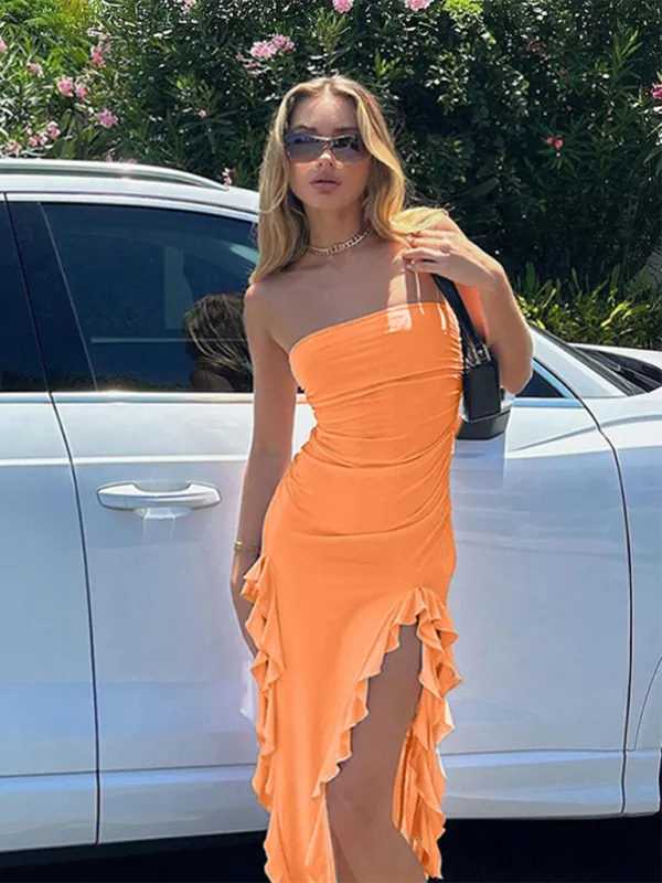 Strapless Midi Dress with Ruched Bodice and Ruffled Slits