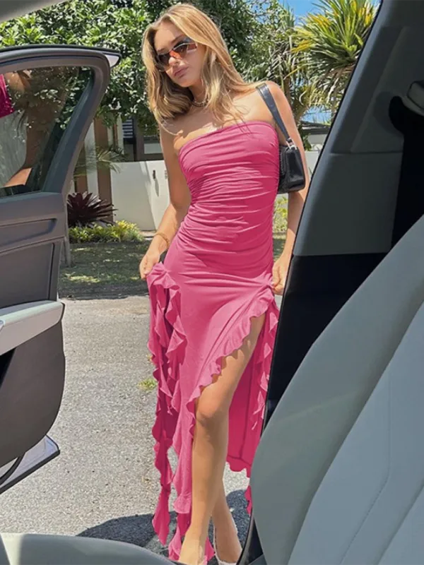 Strapless Midi Dress with Ruched Bodice and Ruffled Slits