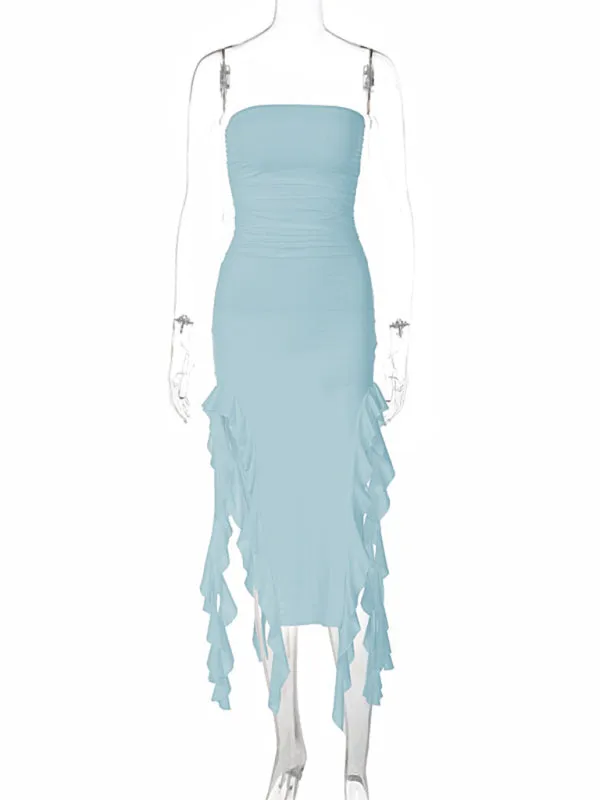Strapless Midi Dress with Ruched Bodice and Ruffled Slits