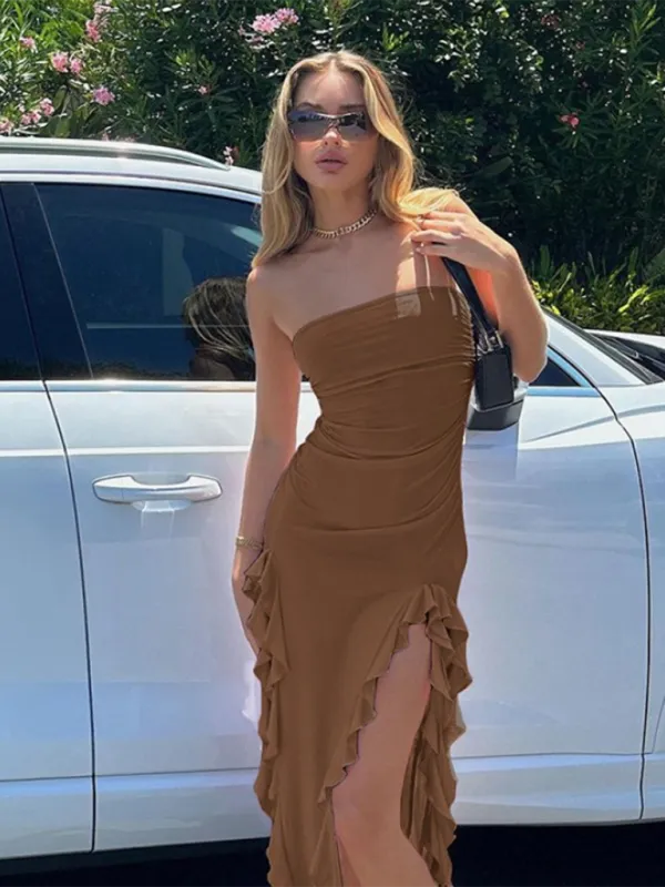 Strapless Midi Dress with Ruched Bodice and Ruffled Slits