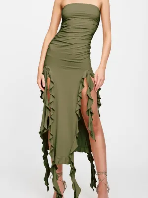 Strapless Midi Dress with Ruched Bodice and Ruffled Slits