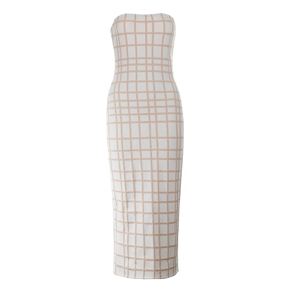 Strapless Sleeveless Plaid Midi Bandage Dress PZM075