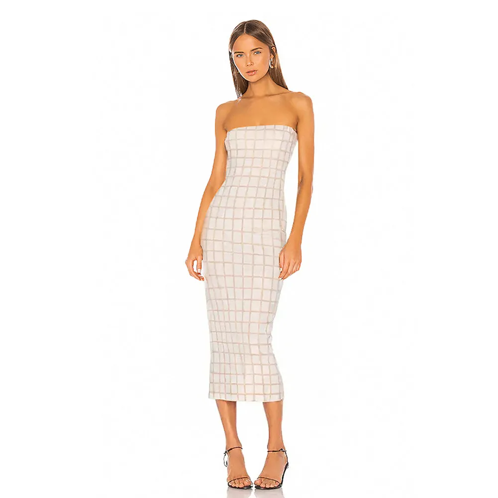 Strapless Sleeveless Plaid Midi Bandage Dress PZM075