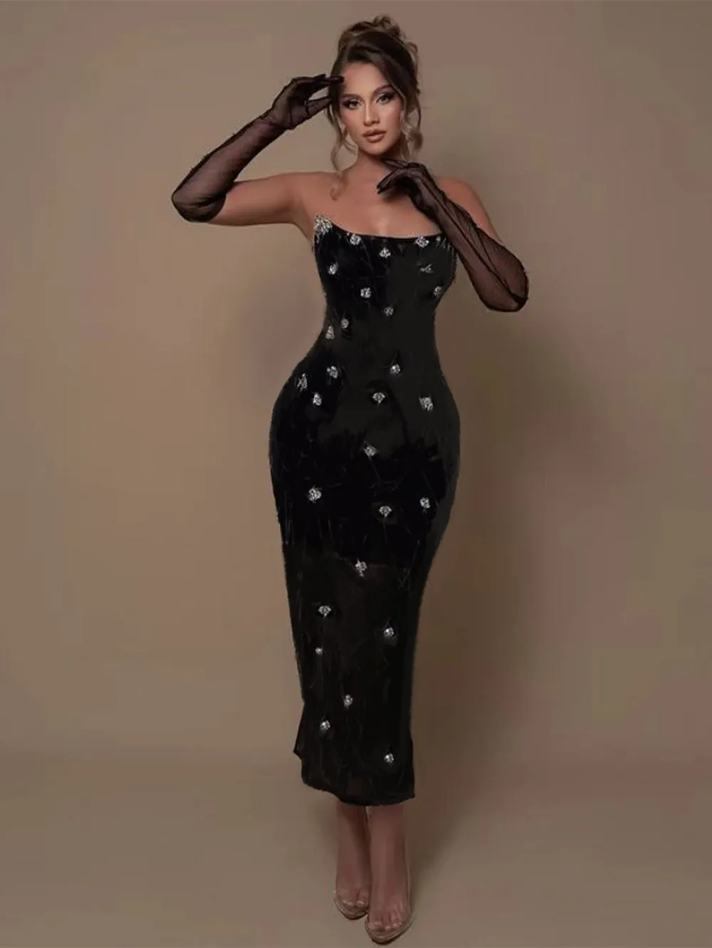Strapless Sleeveless Skintight Midi Bodycon Dress HT1130