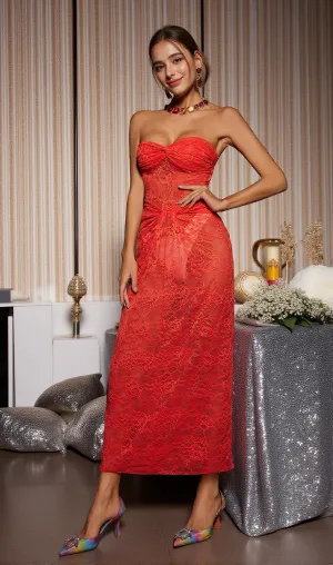 STRAPLESS TWISTED LACE DRESS IN ORANGE