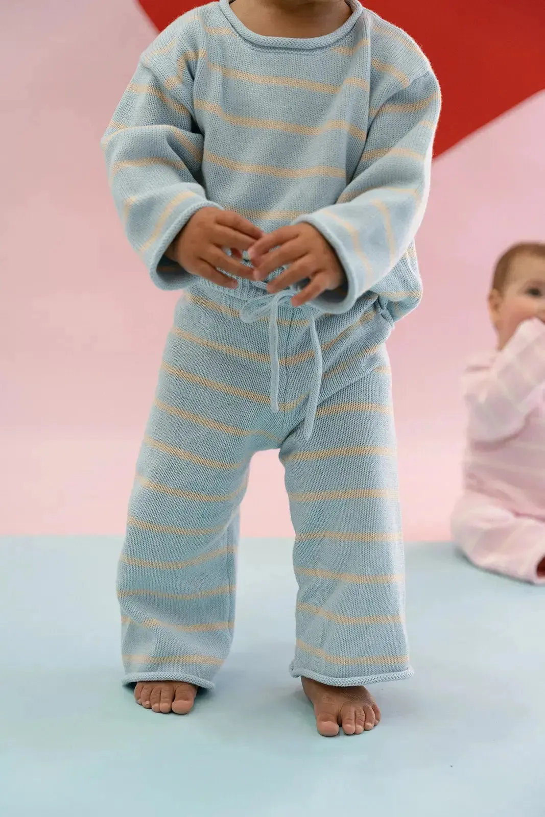 Stripe Knit Pants - Baby Blue/Taupe