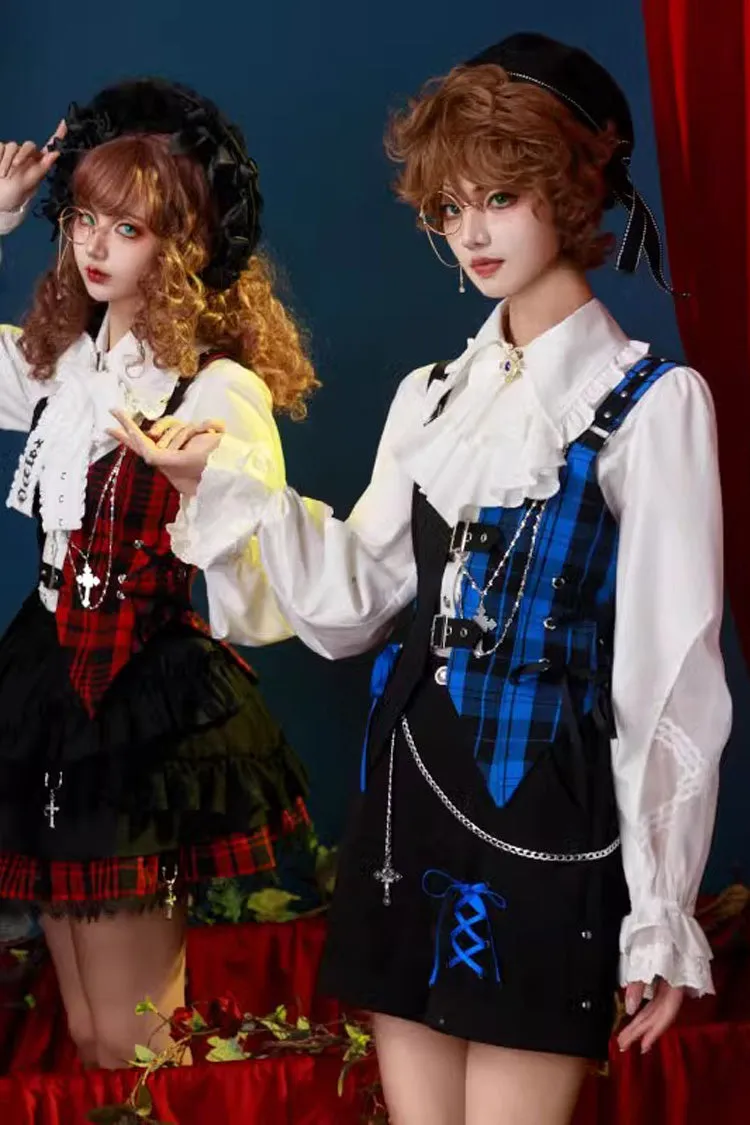 Subculture Plaid Print Ouji Fashion Prince Lolita Blouse Shorts Vest Set