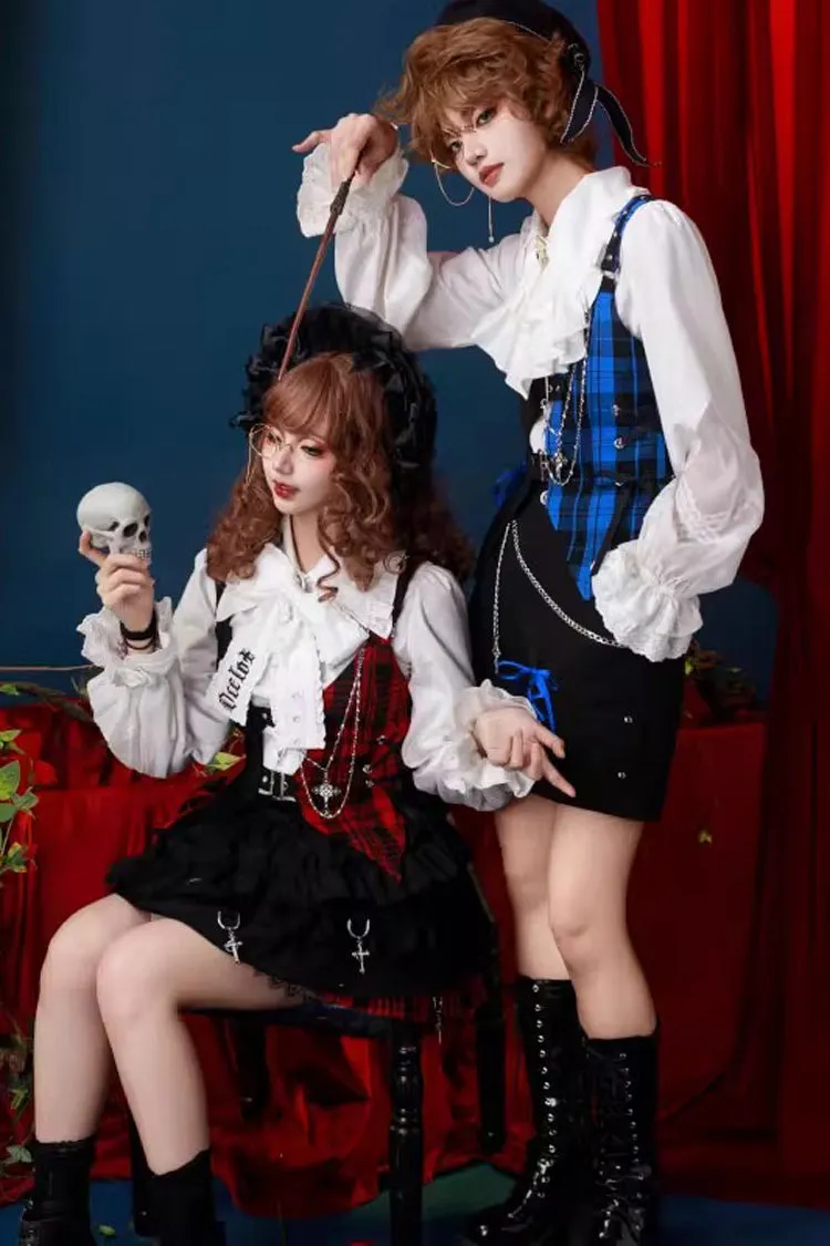 Subculture Plaid Print Ouji Fashion Prince Lolita Blouse Shorts Vest Set