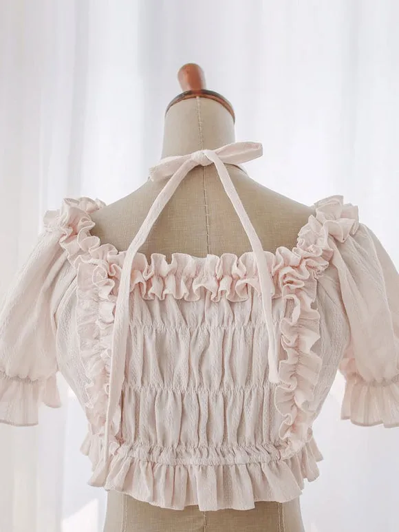 Sweet Lolita Blouses Lolita Top Ruffles Bows Short Sleeves Blouse Ecru White Lolita Shirt