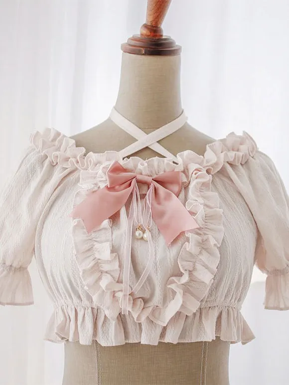 Sweet Lolita Blouses Lolita Top Ruffles Bows Short Sleeves Blouse Ecru White Lolita Shirt