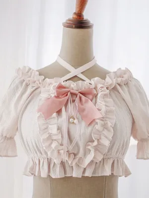 Sweet Lolita Blouses Lolita Top Ruffles Bows Short Sleeves Blouse Ecru White Lolita Shirt