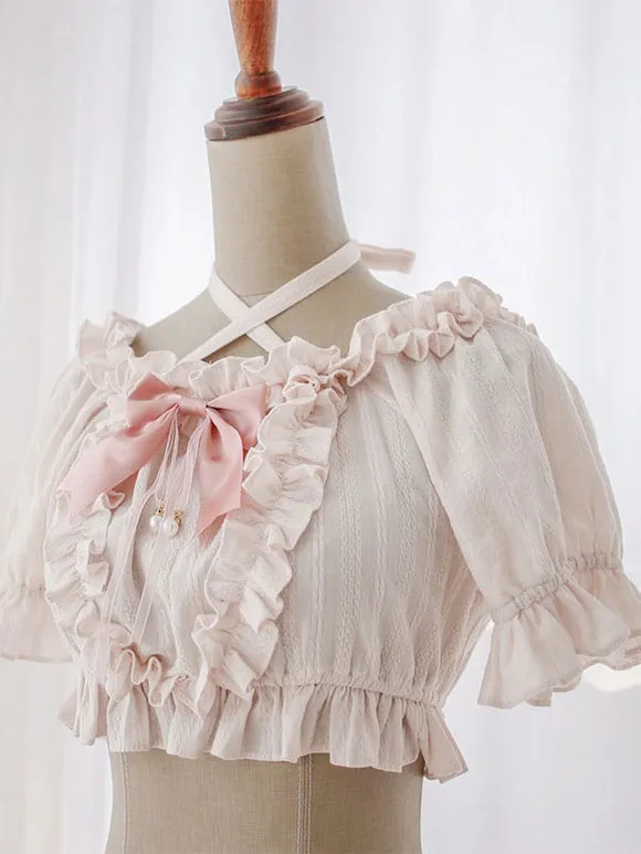 Sweet Lolita Blouses Lolita Top Ruffles Bows Short Sleeves Blouse Ecru White Lolita Shirt