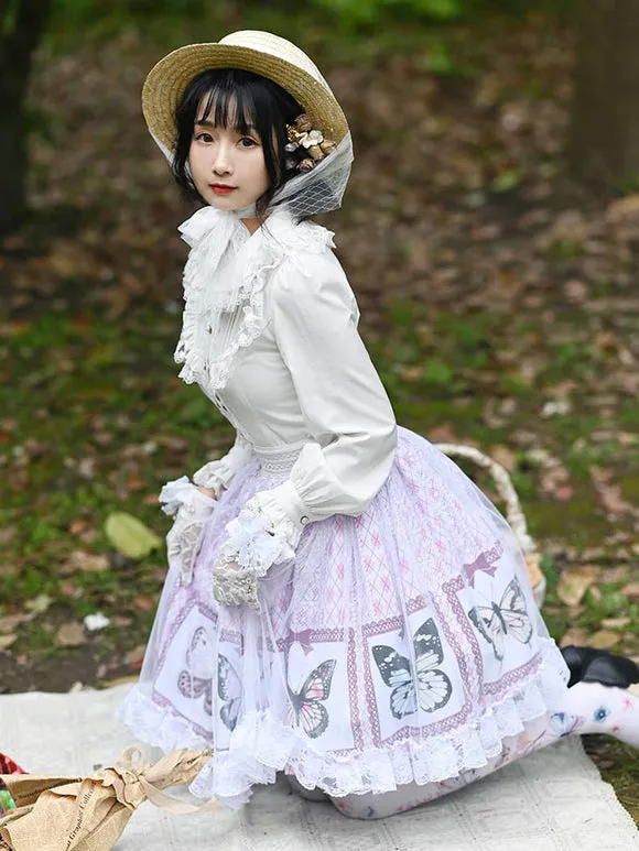Sweet Lolita Overskirt Butterfly Floral Pattern Lavender Tiered Lace Tea Party Daily Casual Lolita Skirts