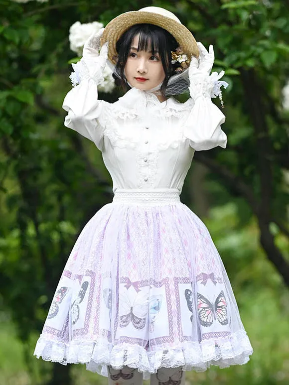 Sweet Lolita Overskirt Butterfly Floral Pattern Lavender Tiered Lace Tea Party Daily Casual Lolita Skirts