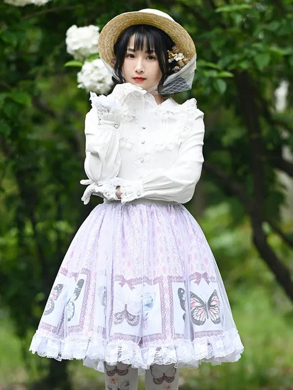 Sweet Lolita Overskirt Butterfly Floral Pattern Lavender Tiered Lace Tea Party Daily Casual Lolita Skirts