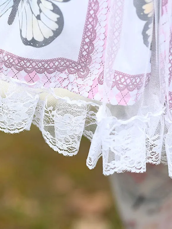 Sweet Lolita Overskirt Butterfly Floral Pattern Lavender Tiered Lace Tea Party Daily Casual Lolita Skirts
