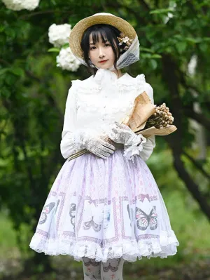 Sweet Lolita Overskirt Butterfly Floral Pattern Lavender Tiered Lace Tea Party Daily Casual Lolita Skirts