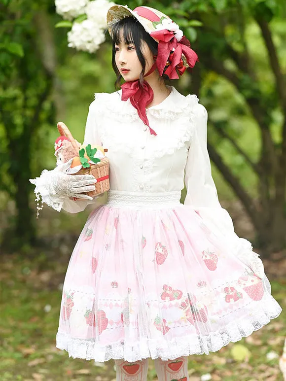 Sweet Lolita SK Fruit Floral Pattern Pink Tiered Lace Lolita Skirts