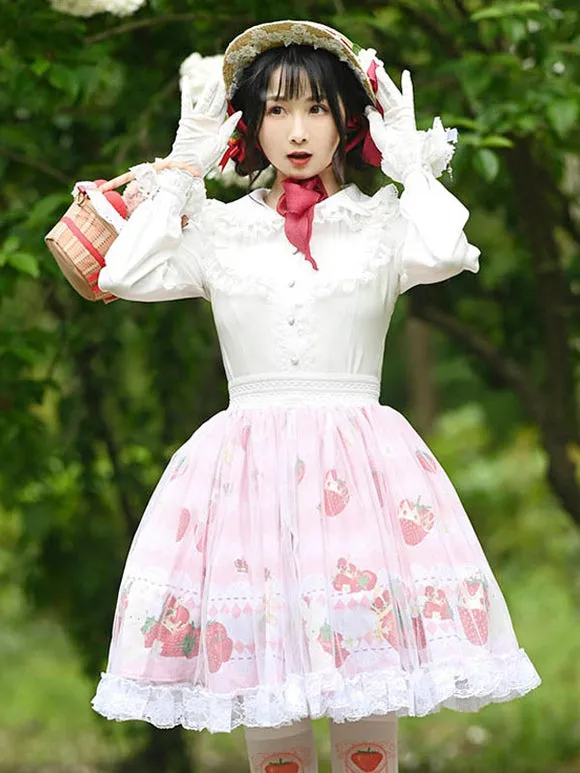 Sweet Lolita SK Fruit Floral Pattern Pink Tiered Lace Lolita Skirts