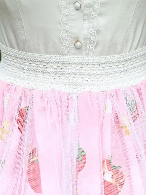 Sweet Lolita SK Fruit Floral Pattern Pink Tiered Lace Lolita Skirts