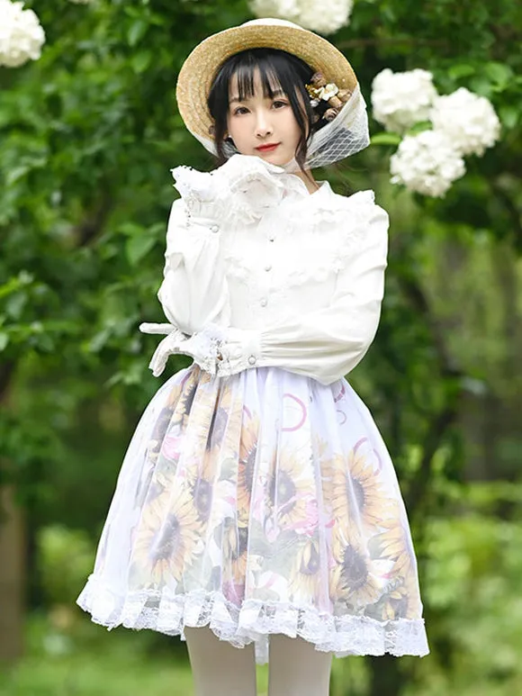 Sweet Lolita Skirt Floral Print Beige Lace Tiered Tea Party Daily Casual Lolita Skirts