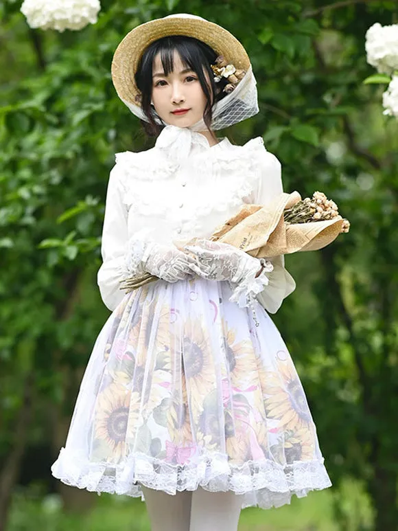 Sweet Lolita Skirt Floral Print Beige Lace Tiered Tea Party Daily Casual Lolita Skirts
