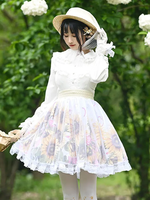 Sweet Lolita Skirt Floral Print Beige Lace Tiered Tea Party Daily Casual Lolita Skirts