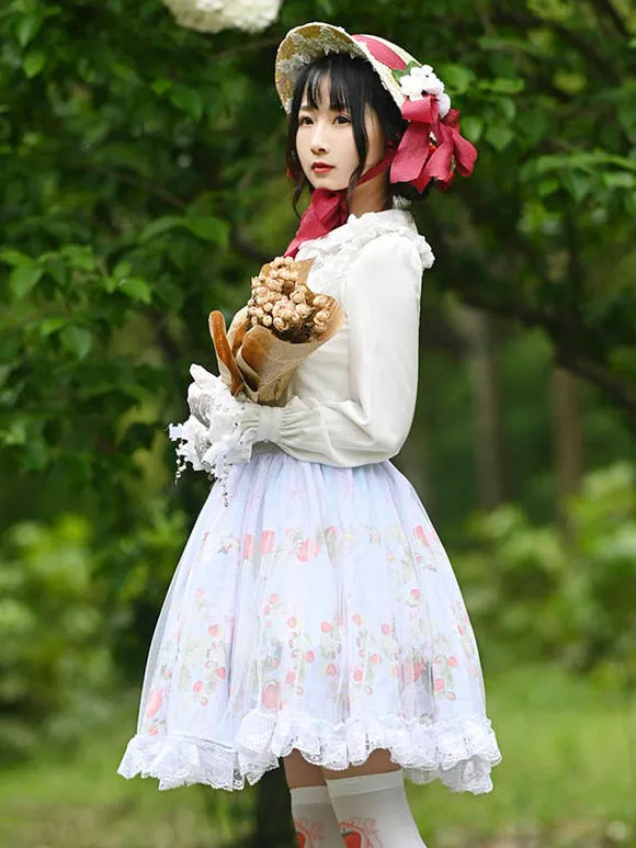 Sweet Lolita Skirt Tiered Lace Light Sky Blue Polyester Fruit Pattern Lolita Mini Skirts